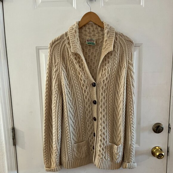 Bonner Ireland Handknit Men's Fisherman Cream Aran Pure New Wool Cardigan Sz Med - Picture 1 of 11